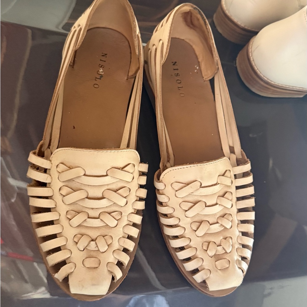 Nisolo Women's Tan beige huarache woven Leather Flats